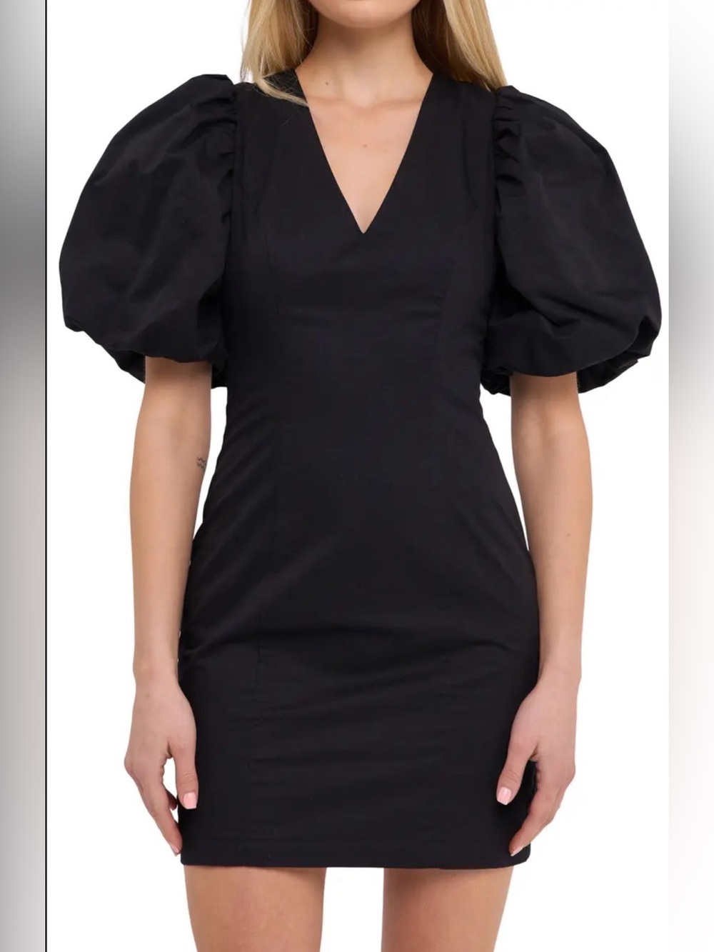 Endless Rose Black Puff Sleeve V-Neck Mini Dress
